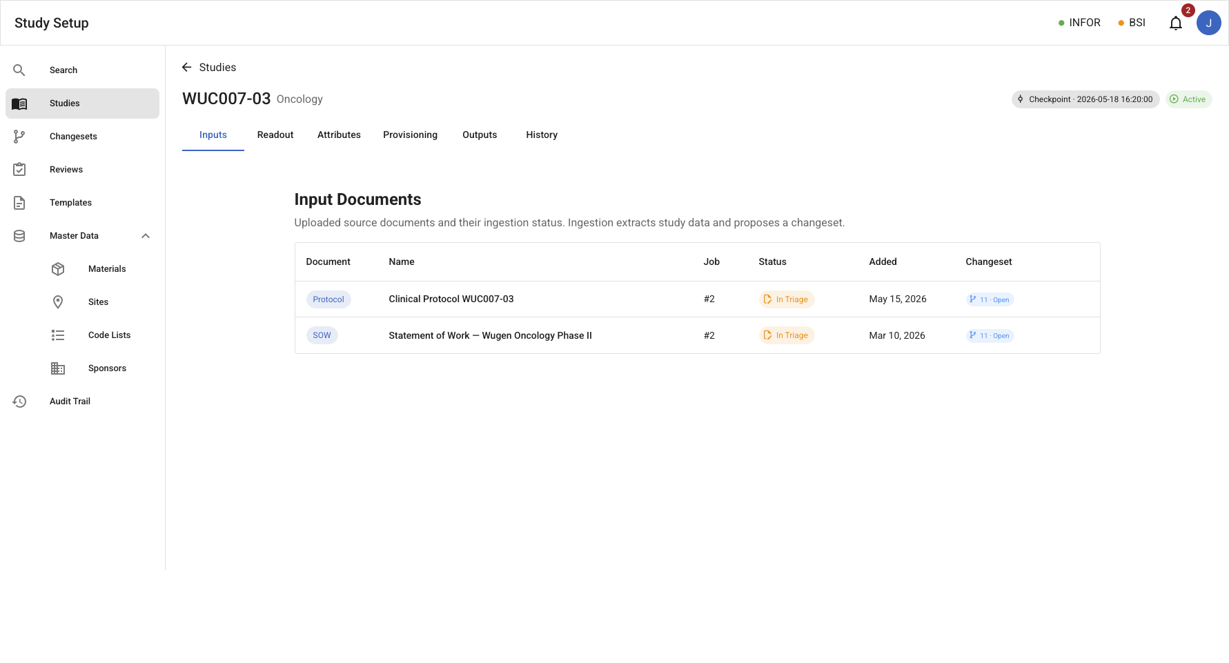 Study detail – Inputs tab